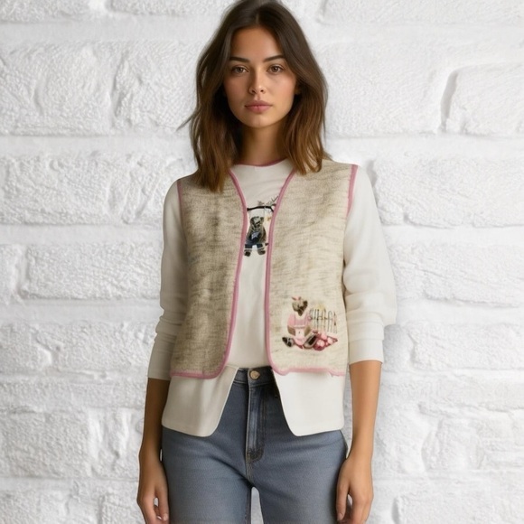 Sutton’s Tops - Suttons Womens Large Retro Waffle Knit Teddy Bear Vest & T-shirt Set Cottagecore